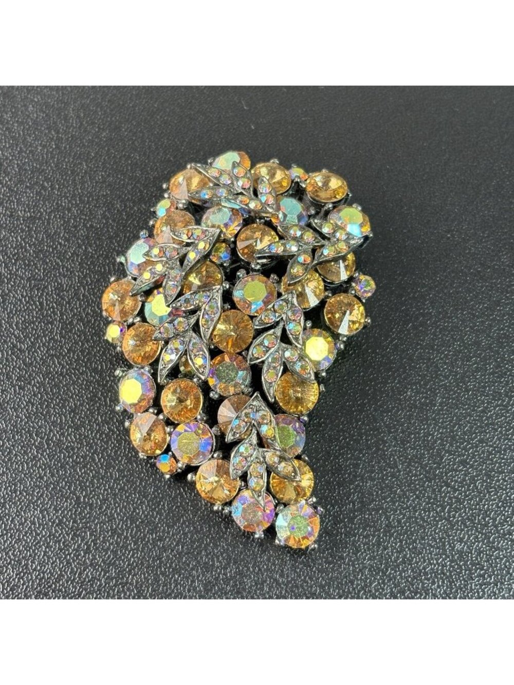 Vintage Rhinestone Brooch Pin Leaf Wing 2 3/8" Cluster Amber Silver Jewelry